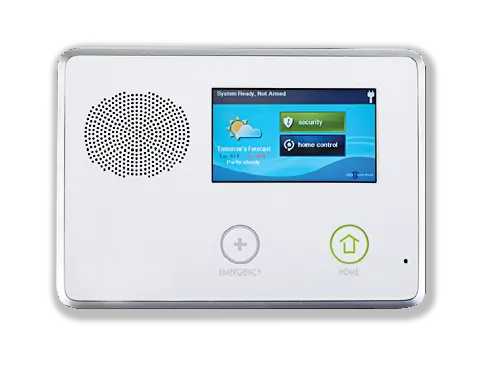 A wall-mounted home security touchscreen control panel