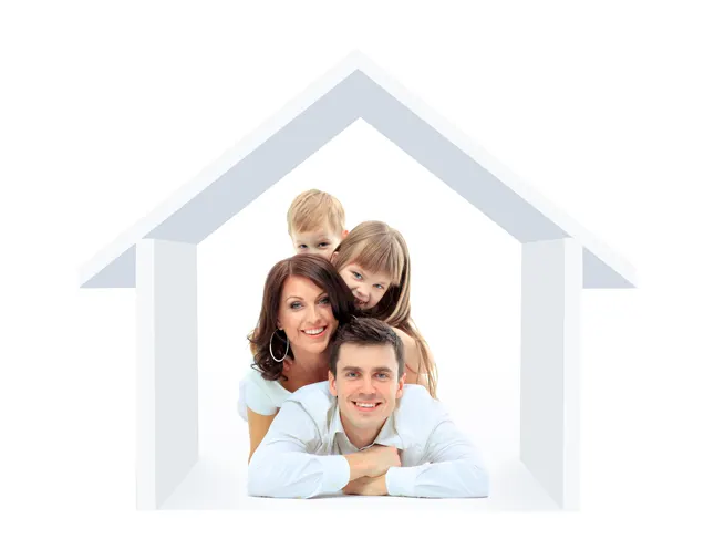 A family together inside the outline of a house